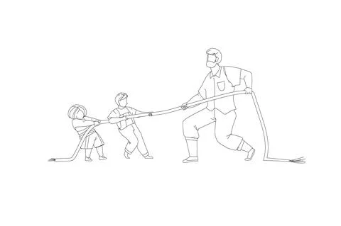 Father and children pull end of rope line vector 스톡 일러스트