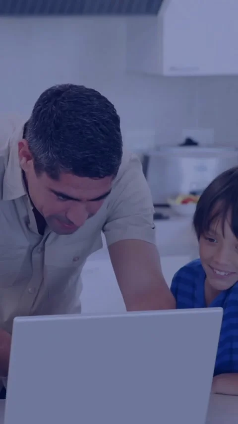 Father and children using laptop, surrounded by digital network animation Stock Footage 341991762