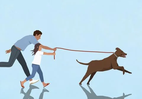 Father and daughter trying to keep up with energetic dog running and pulling on Stock Illustration