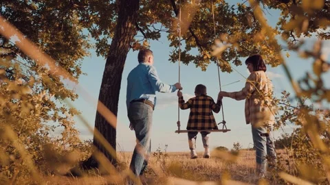 Father and mother simultaneously push son on homemade swing grabbing ropes Stock Footage 255219998