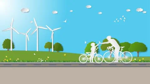 Father and son are to join hands together while do activities cycling in mead Illustrazione stock