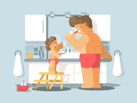 Father and son brush teeth Stock Illustration