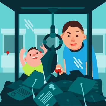 Father and son in the claw machine, father pick up the cap for his son vector Stock Illustration