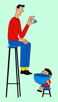 Father and Son with Different Sized Bowls Stock Illustration