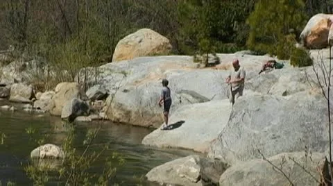 Father And Son Fishing On Stanislaus River Stock Footage