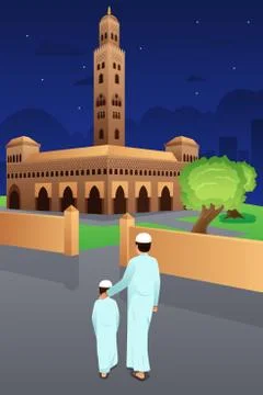 Father and Son Going to Mosque Stock Illustration