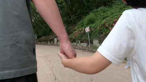 Father and son hold on hands and walk in the park. Stock Footage