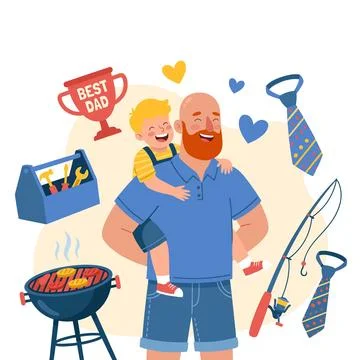 Father and Son Hugging Surrounded by Best Dad Trophy and Tools Illustrazione stock
