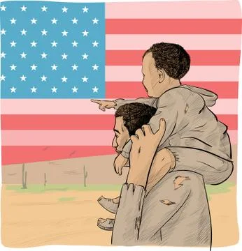 Father and son immigrant in front of the USA flag Stockillustratie