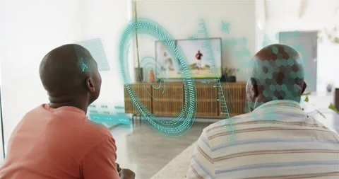 Father and son interacting with tech HUD at home left reaching HUD expanding Stock Footage 320955236