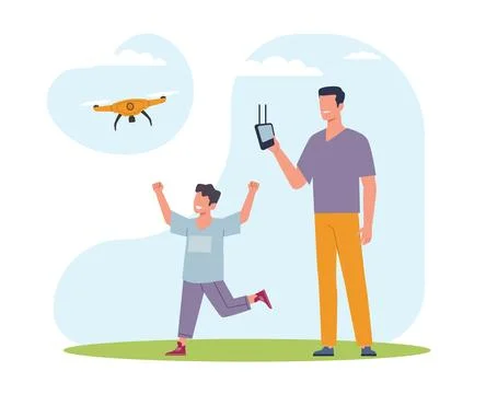 Father and son launch drone in wild. Outdoor recreation leisure for family Stock Illustration