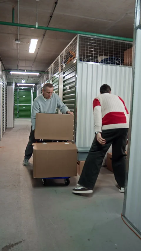 Father and Son Loading Boxes on Dolly and Walking away from Storage Stock Footage 327788186