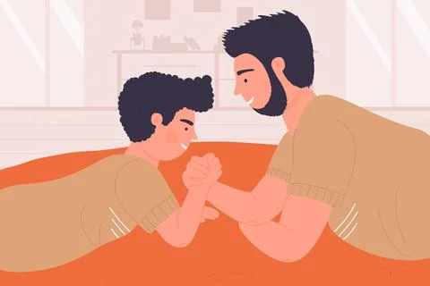 Father and son play in arm wrestling power sport game at home, happy family fun Stock Illustration