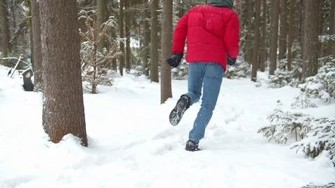 Father and son play catch-up in the winter forest Stock Footage 129097380