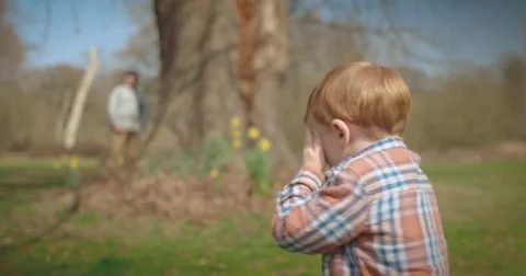 Father and son play hide and seek around tree 库存影片 83878593