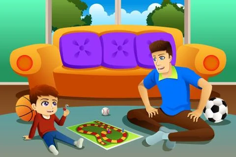 Father and Son Playing Board Game at Home Stock Illustration