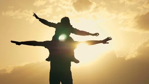 Father and son playing in the evening sky silhouette Stock Footage