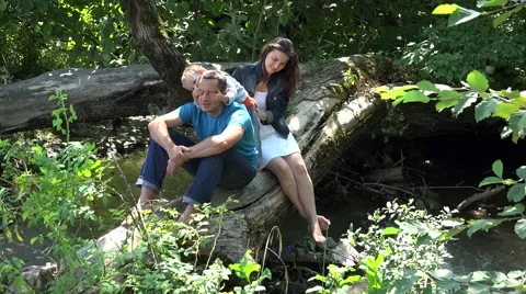 Father and son playing on tree trunk. Hide and seek. Attractive mother  Stock-Footage 46211691