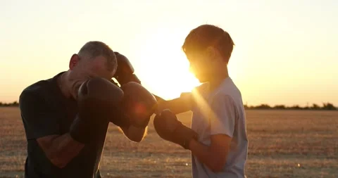 Father and son practice boxing together in field at sunset. They train with Stock Footage 346753173