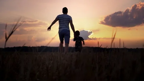 Father and son run to the sunset. The father raises the child in his arms and Stock Footage 80342639