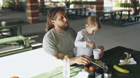 Father and son sharing a picnic lunch outdoors Stock Footage 319647817