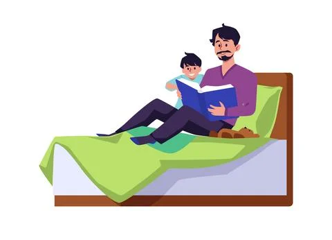 Father and son sitting on bed and reading book, flat vector illustration Stock Illustration
