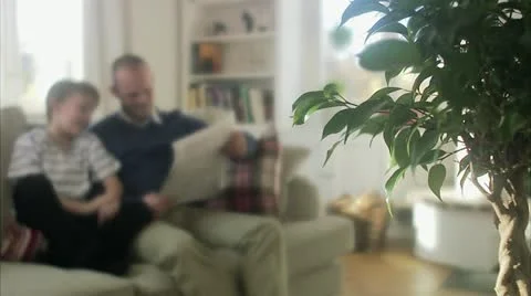 Father and son sitting in a sofa reading a newspaper Stock Footage 11289371