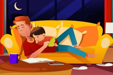 Father and Son Sleeping on the Couch Stock Illustration