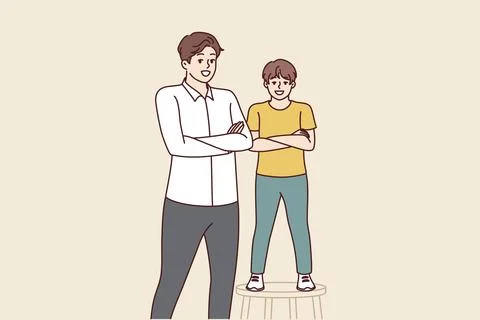 Father and son smiling standing with arms crossed and looking at screen for Stock Illustration