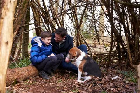 Father and son talking, under a shelter of branches with dog Stock Photos