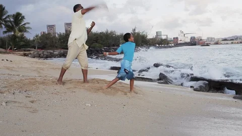 Father and son throwing rocks on a beach. 스톡 동영상 88371814