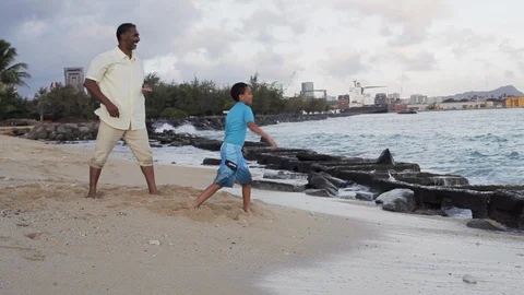 Father and son throwing rocks on a beach. Stock-Footage 88371830