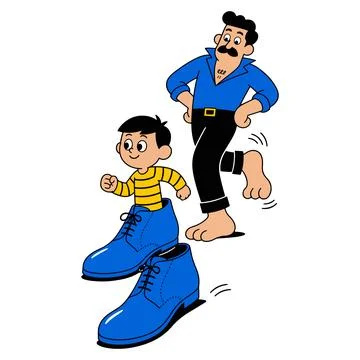 Father and Son Trying on Big Shoes Stock Illustration