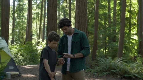 Father and son using a compass in the woods Stock Footage 88011891