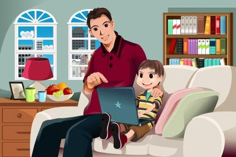 Father and son using computer Stock Illustration