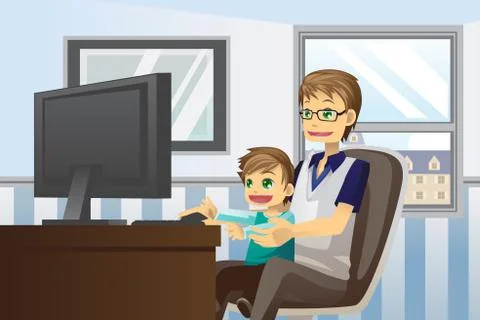 Father and son using computer 스톡 일러스트