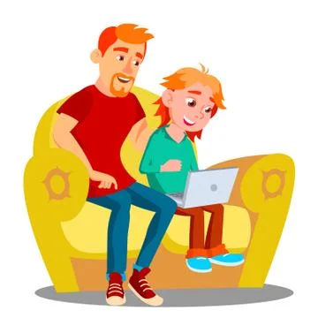 Father And Son Using Laptop On The Sofa Vector. Isolated Illustration イラスト素材