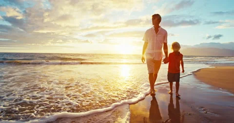 Father and Son Walking on the Beach Stock Footage 65498967