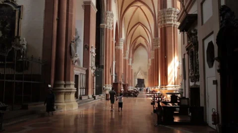 Father and Son walking inside San Petronio cathedral, Bologna Stock Footage 64986993