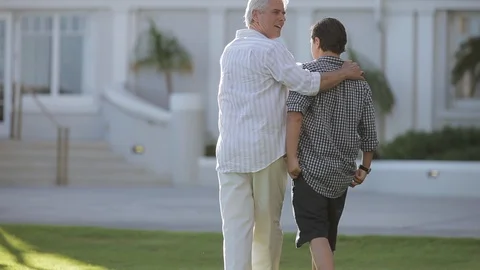 Father and son walking on a lawn. Vidéo 88370167