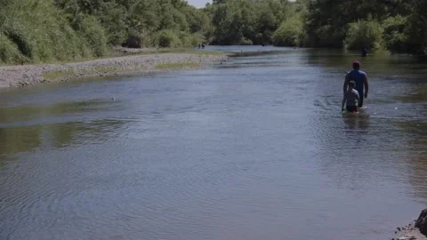Father and Son Walking Through a River Stock Footage 200800372
