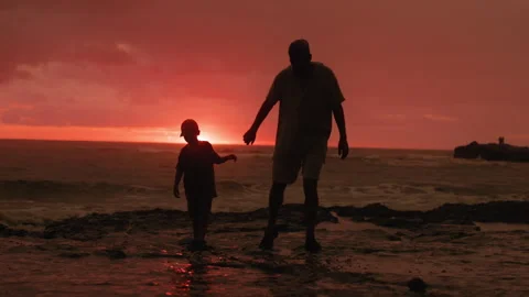 Father and Son Walking Together on Rocky Beach During Vibrant Red Sunset. Stock Footage 338366243