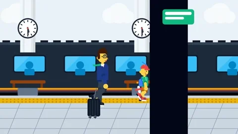 Father And Son Walking On Train Station Platform 2D Animation Stock Footage 341302578