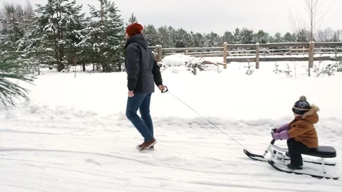 Father and Son in winter forest, walking in the snow. Child on sled Vidéo 169792897