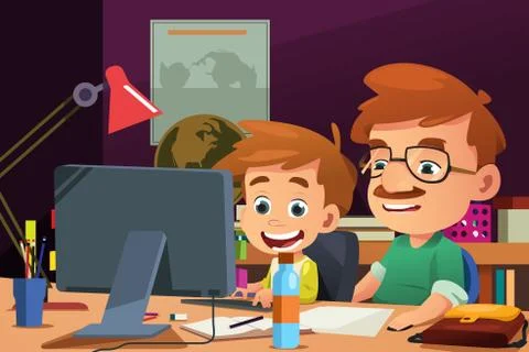 Father and Son Working on a Computer Stock Illustration