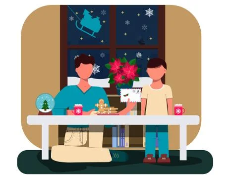 Father and son write a letter to Santa Claus. Flat illustration of a Christmas Stock Illustration