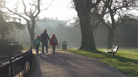 Father and sons walking through park Stock Footage 124532730