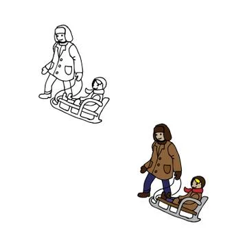 Father with child on a sled in winter vector illustration in color and outlin Stock Illustration