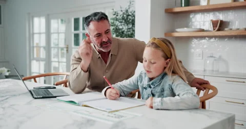 Father, daughter and help in kitchen with homework, problem solving and laptop Stock Footage 337759851