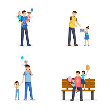 Father day flat vector illustrations set. Young men, single dads spend time with Stock Illustration